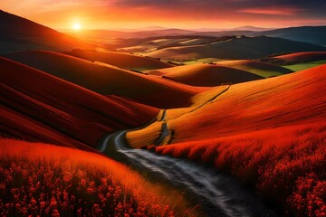 Generate a digital dreamscape where the sun sets over rolling hills, casting a warm and enchanting glow upon a landscape painted in primary hues