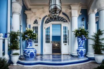 The grand entrance of a seaside manor with oversized blue and white porcelain vases, bringing a touch of maritime elegance