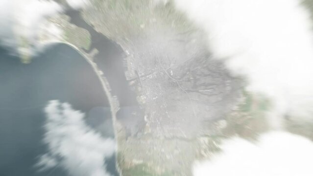 Earth zoom in from space to Chula Vista, USA. Followed by zoom out through clouds and atmosphere into space. Satellite view. Travel intro. Images from NASA