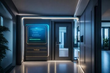 The futuristic entryway of a connected home with a holographic welcome message, -activated lighting, and an AI-powered home hub