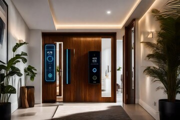 A modern entry with a smart lock system, ambient lighting controlled by voice commands, and a sleek digital display for home updates