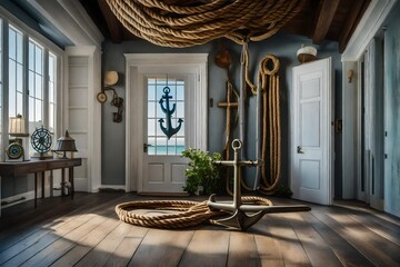 An entry hall of a seaside villa with nautical rope accents, a weathered anchor centerpiece, and a vintage compass on the wall