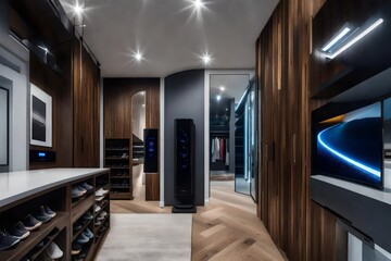 A connected home entry with a self-adjusting lighting system, automated shoe storage, and an intelligent coat rack with built-in sensors