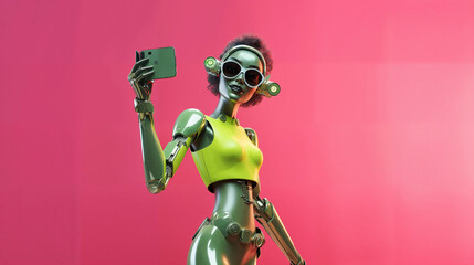 full body shot of a futuristic influencer using a cell phone, she is half robot and wears futuristic neon fashion clothes, afrofuturism - 728874301