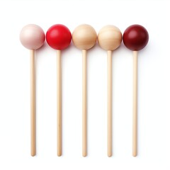a balls set in row on a wooden stick, studio light , isolated on white background