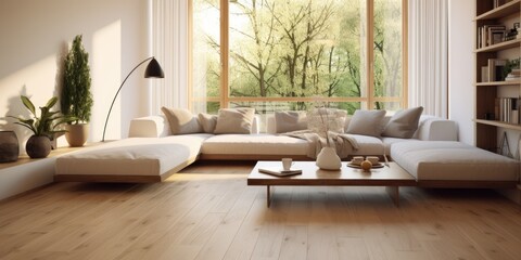 Stylish and cozy living room with large corner sofa, wood flooring, and ample natural light