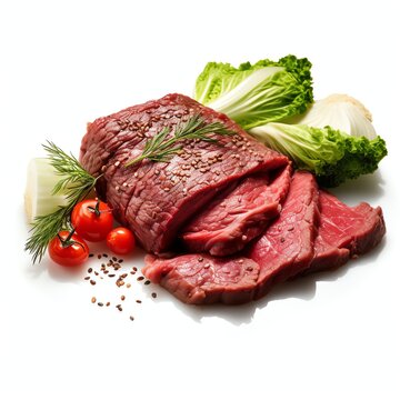 a beef, vegetables and sesame seeds, studio light , isolated on white background
