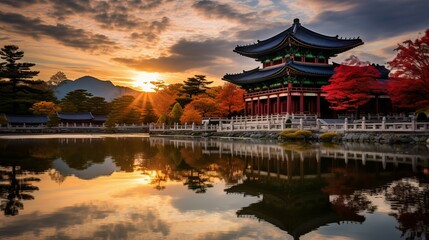 Fototapeta premium Beautiful Sunset Over Lake With Pagoda in Background