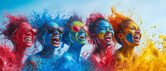 5 laughing people standing together, artistic image with splashing colorful liquid, covering the faces