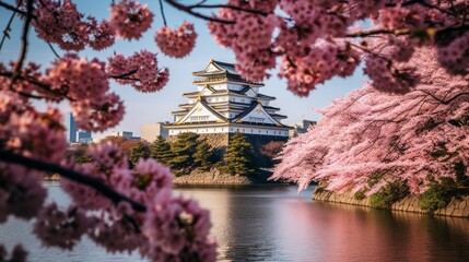 Obraz premium Cherry Blossoms Blooming in Front of a Castle