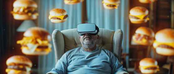 A portly man sits in an armchair, wears VR glasses and sees many floating burger in the room - 728874575