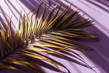 Obraz premium Palm tree with big green leaves on violet background with natural shadows. AI Generated