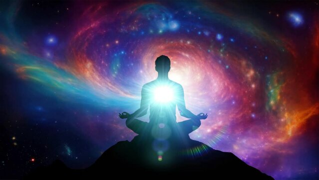 Silhouette of a man meditating on the lotus pose in front of galaxy universe background
