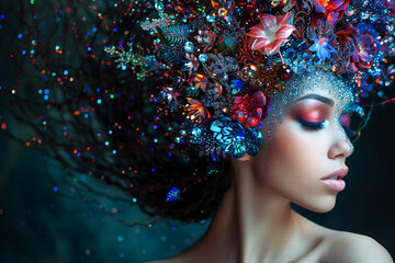 Black afro American fashion model with Swarovski crystal makeup and clothing