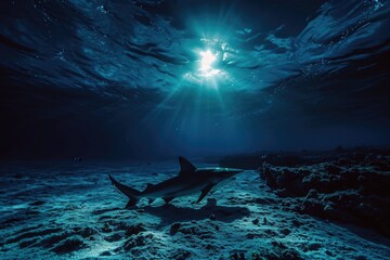 Menacing beauty: underwater world with the shark predator, a captivating glimpse into the fierce, powerful, and mysterious realm of marine life, where danger and elegance coexist - obrazy, fototapety, plakaty