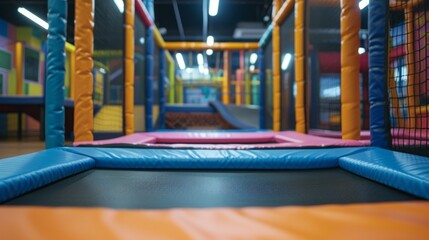 An indoor play center playground featuring a set of trampolines