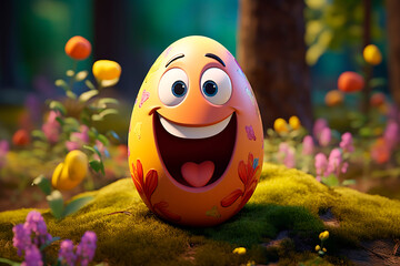 Happy Easter and Egg Hunt. Egg with floral pattern and funny face. Traditional fun for children and adults on Easter Sunday.