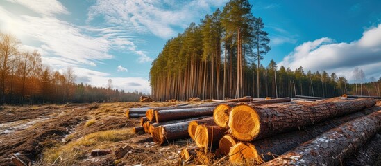 Logs were stacked on the forest edge after trees were cut for industrial processing in sanitary...