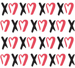 Vector seamless pattern of hand drawn doodle sketch xoxo lettering with heart isolated on white background