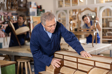 Portrait of skillful mature repairman carpenter renovating bureau furniture using tools in woodwork...