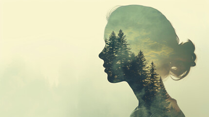Double exposure of a girl profile portrait with misty landscape and fir forest in retro style. Copy space. - obrazy, fototapety, plakaty