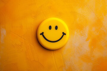 Golden smiley ball button, round yellow smile symbol, grin, smirk, and laughter, radiating good humor. Joyful happy positive vibes icon on black. Warmth childlike feelings, customer service excellence