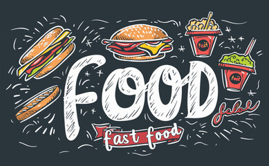 Set of fast food doodles. Vector illustration. Perfect for menu or food package design. - obrazy, fototapety, plakaty