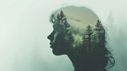 Double exposure of a girl profile portrait with misty landscape and fir forest in retro style. Copy space.