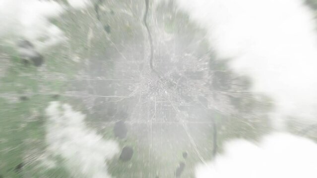 Earth zoom in from space to Minneapolis, USA. Followed by zoom out through clouds and atmosphere into space. Satellite view. Travel intro. Images from NASA