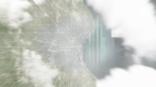 Earth zoom in from space to Milwaukee, USA. Followed by zoom out through clouds and atmosphere into space. Satellite view. Travel intro. Images from NASA