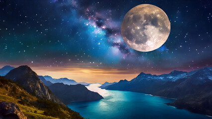 Fototapeta na wymiar Moonlit Odyssey Celestial Harmony as Earth Horizon Meets the Lustrous Moon
