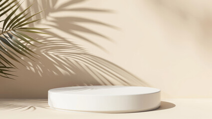 Mock up with round podium stone textured pedestal with natural soft shadow from palm leaves on beige background for product presentation or showcase