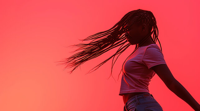 afro girl with braids dancing on color wall background