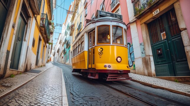 The famous vintage yellow tram 28 navigates through the narrow streets of Alfama district in Lisbon, Portugal. It symbolizes Lisbon's charm and is a popular travel destination and tourist attraction