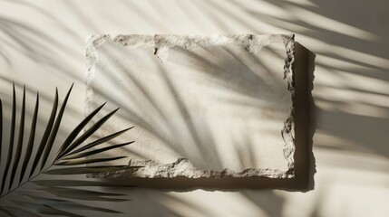 Mock up with rectangle stone frame and natural soft shadow from palm leaves for product presentation or showcase on beige textured background