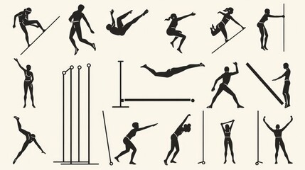 Pixel-perfect vector thin line icons depicting various jumping activities such as high jump, trampoline jumping, and pole vaulting, featuring different jumper humans - obrazy, fototapety, plakaty