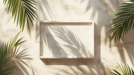 Mock up with rectangle stone frame and natural soft shadow from palm leaves for product presentation or showcase on beige textured background