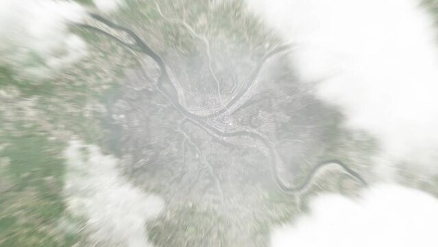 Earth zoom in from space to Pittsburgh, USA. Followed by zoom out through clouds and atmosphere into space. Satellite view. Travel intro. Images from NASA