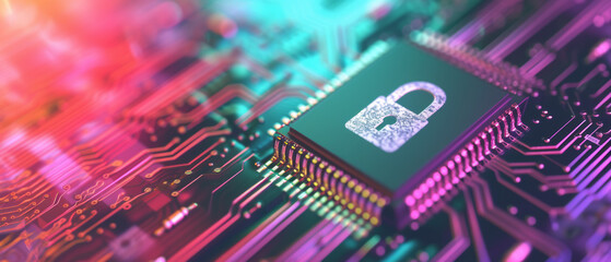 Microchip with lock Icon, indicating protecting data with cybersecurity. Privacy concepts, Internet and Network Security.	