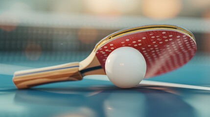 A 3D illustration featuring an image of a table tennis racket or ping pong racket with a table tennis ball