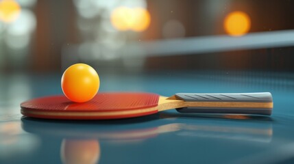 A 3D illustration featuring an image of a table tennis racket or ping pong racket with a table tennis ball - obrazy, fototapety, plakaty