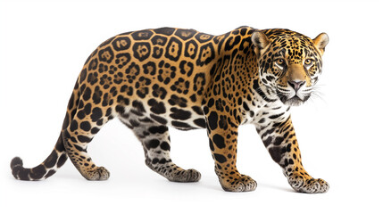 Obraz premium A stunning jaguar with a vibrant coat, captured mid-stride against a white background, showcasing its natural beauty and elegance.