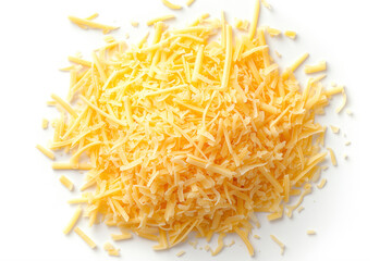 A close-up view of a pile of freshly shredded golden cheese, isolated on a white background, highlighting its texture and color.