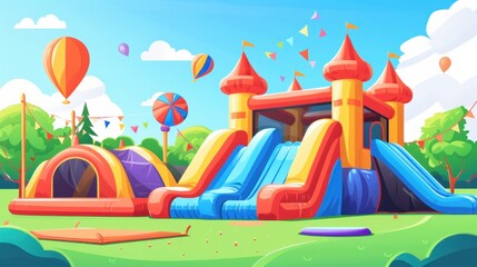 A vector illustration depicting inflatable playgrounds, including bouncy slides and inflated castles, perfect for birthday parties, air attraction parks, or rubber toy houses - obrazy, fototapety, plakaty