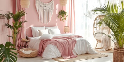Modern boho style bedroom interior design. Cozy and elegant bedroom with big bed, nice white and pink bedclothes, potted plants, rattan home decorations
