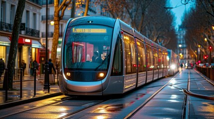In Paris, France, the modern city tram serves as a crucial part of public transportation - obrazy, fototapety, plakaty