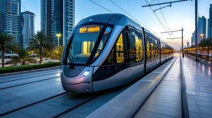 The new modern tram in Dubai, United Arab Emirates, represents the city's commitment to innovative public transportation - obrazy, fototapety, plakaty