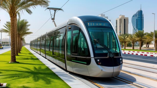 The new modern tram in Dubai, United Arab Emirates, represents the city's commitment to innovative public transportation