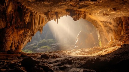 Beautiful cave with a small lake in the background and a ray of sunlight entering with good lighting in high resolution and high quality. natural cave concept