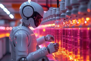 A futuristic robot with a sleek design conducts experiments in a high-tech lab, surrounded by glowing data tubes..